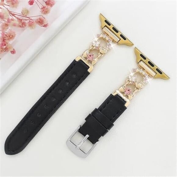 NEW Black/Gold Leather with floral design Apple Watch Band - Picture 5 of 6